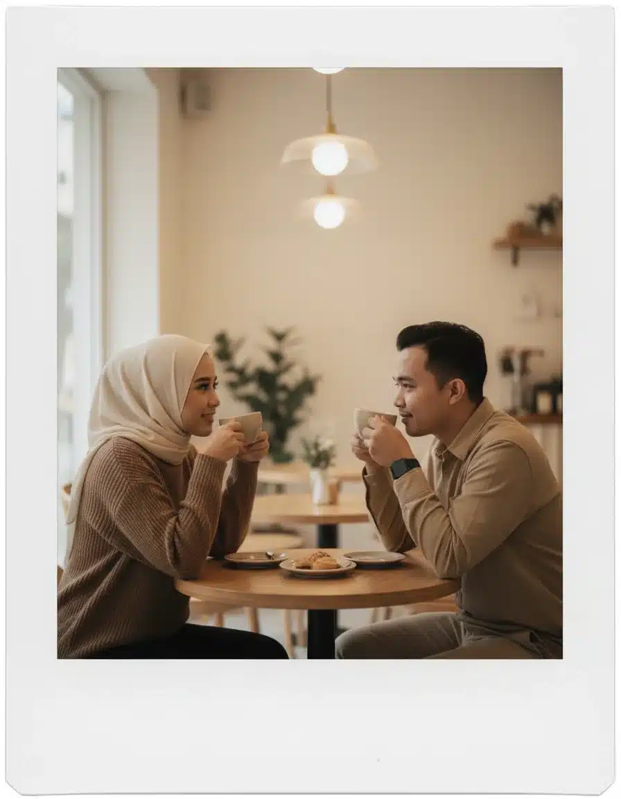 Prompt Foto Pasangan di Cafe dengan Bingkai Putih