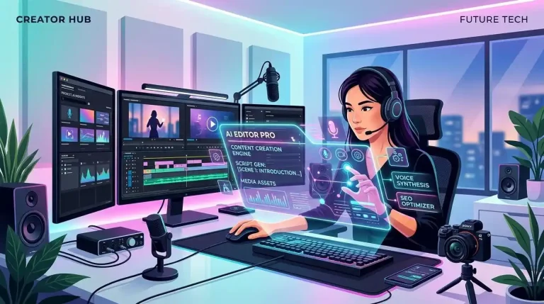 Ekosistem studio modern yang memadukan automasi kecerdasan buatan (AI) dengan sentuhan kreatif kreator konten.
